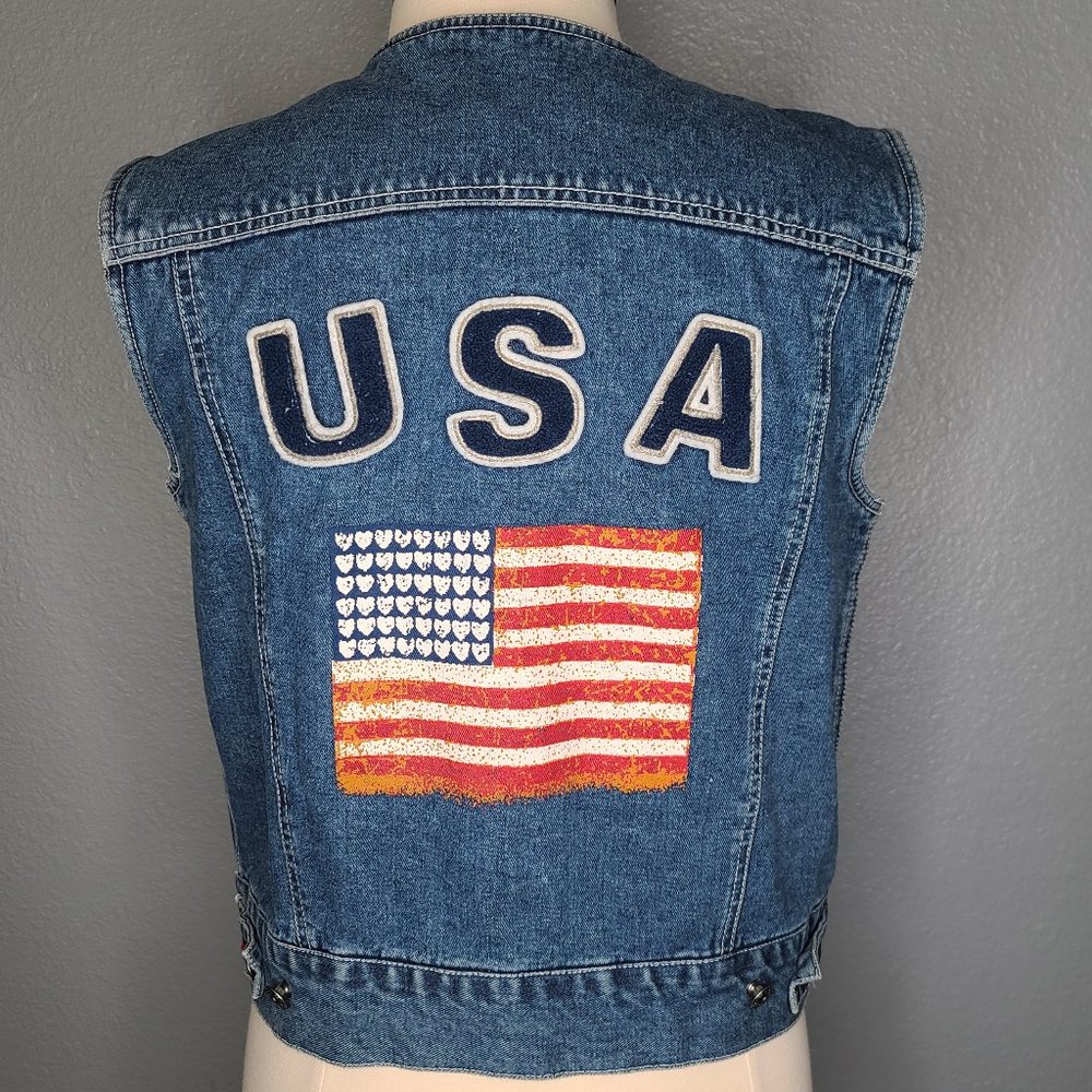 Vintage Patriotic USA American Flag Denim Vest